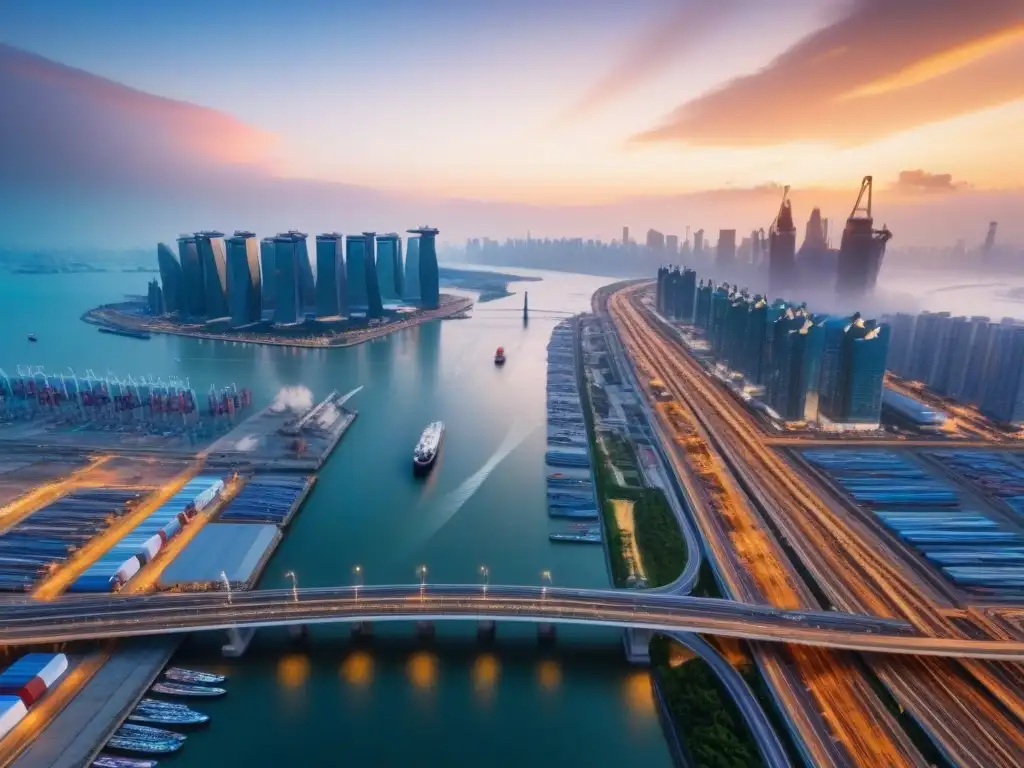 Ruta comercial global: ciudades vibrantes y futuristas Una vista aérea espectacular de una bulliciosa ruta comercial internacional, con rascacielos, puertos y centros de transporte futuristas