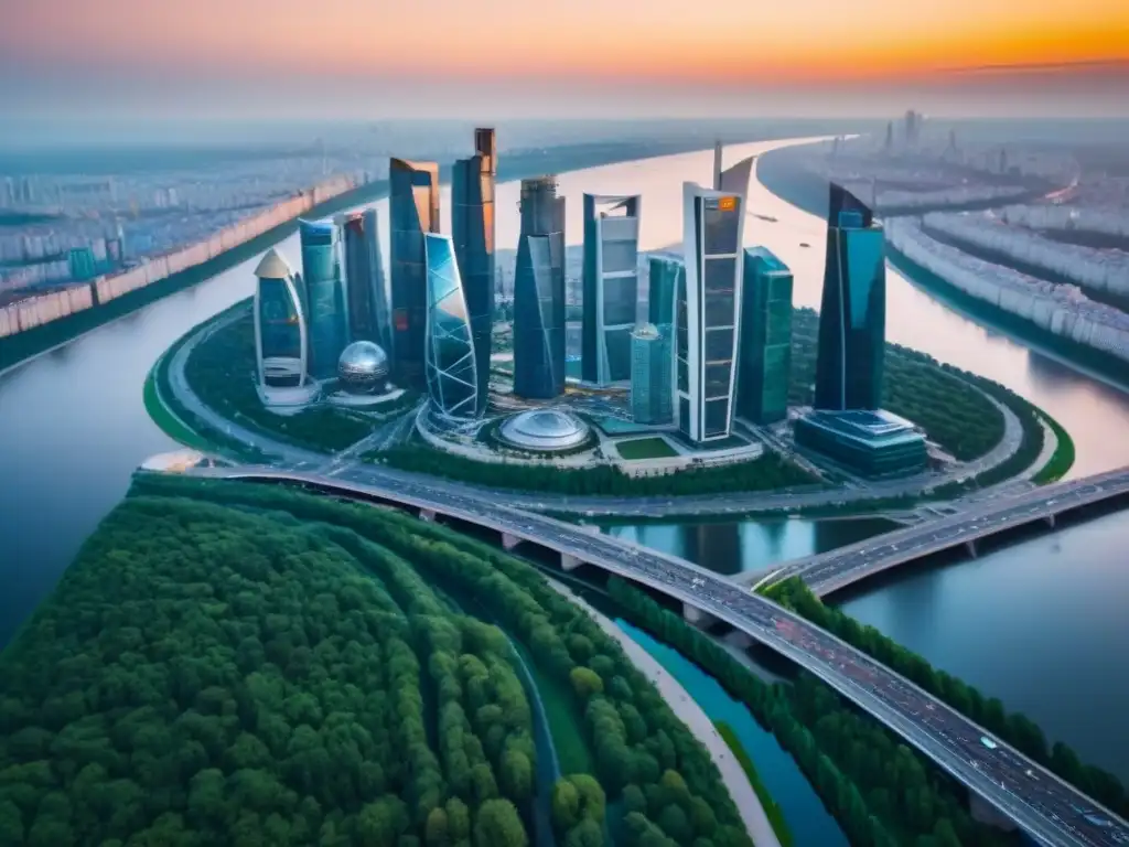 Espléndido atardecer en Moscú: la opulencia de la ciudad cosmopolita Vista aérea espectacular del skyline de Moscú con edificios de lujo, rodeados de vegetación y agua, resaltando su opulencia