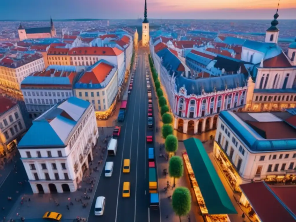 Vibrante ciudad europea: historia y modernidad en un solo vistazo Vista aérea de ciudad europea del Este con arquitectura histórica y rascacielos modernos, gente, autos y puestos de mercado