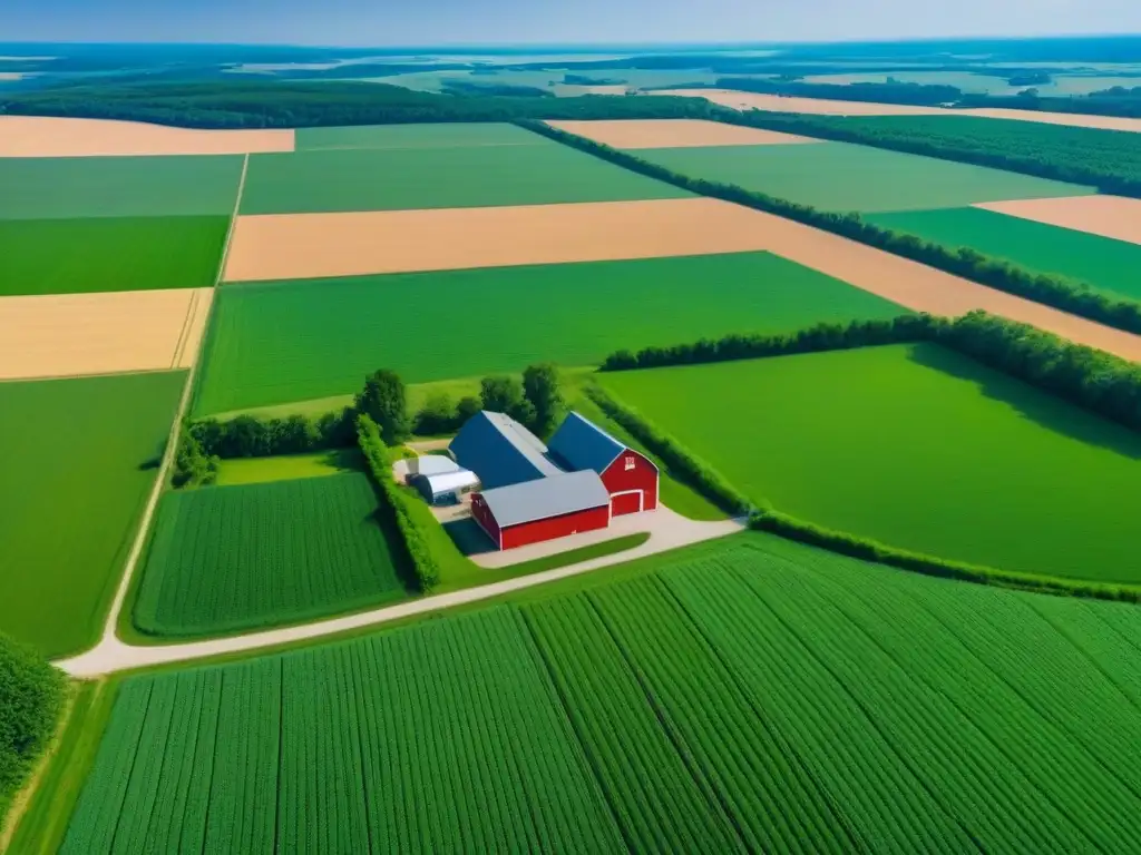 Vista aérea de granjas verdes y modernas en América del Norte Vista aérea de extensos campos verdes y granja en América del Norte, proyectando un próspero mercado inmobiliario rural
