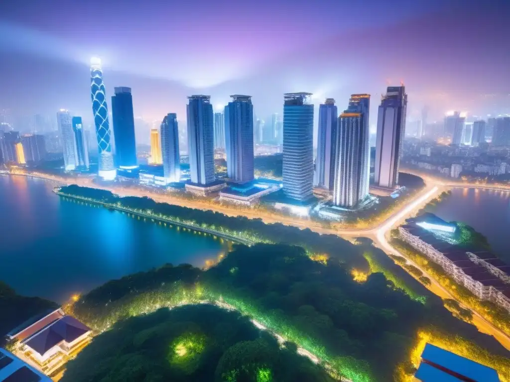 Vibrante metrópolis asiática: torres modernas y templos tradicionales Vista aérea fascinante de una bulliciosa ciudad asiática, con rascacielos modernos y templos tradicionales, mercadoinmobiliariointernacionalasia