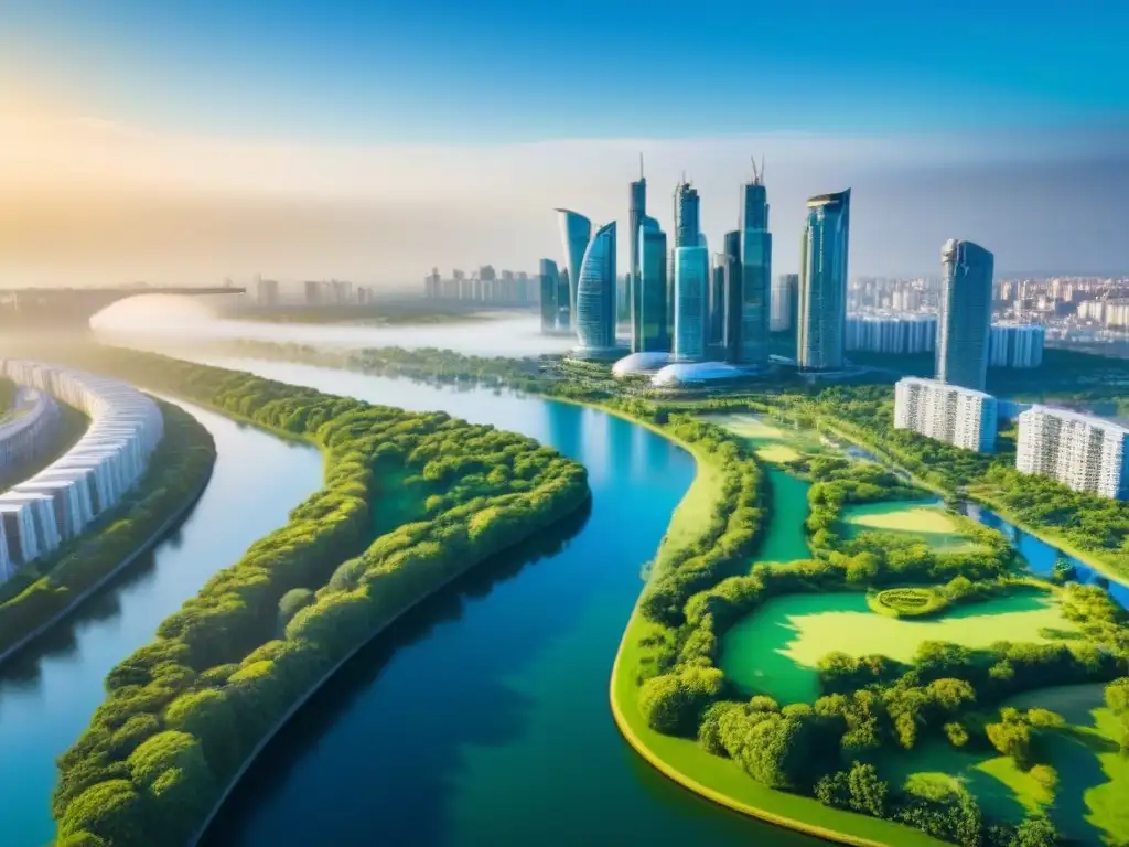 Metrópolis moderna: armonía entre innovación urbana y naturaleza Vista aérea fascinante de una ciudad bulliciosa con rascacielos modernos y complejos residenciales entre parques verdes y paseos junto al agua