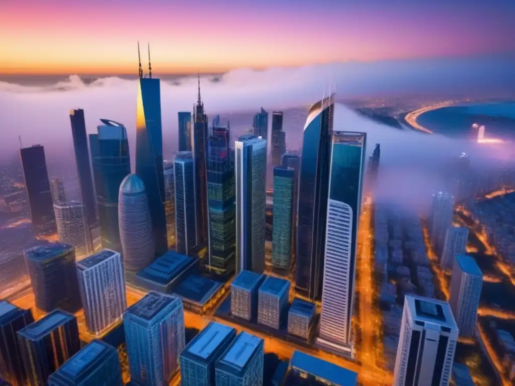 Oficina futurista en la ciudad al atardecer Vista aérea fascinante de una ciudad bulliciosa al atardecer con rascacielos modernos
