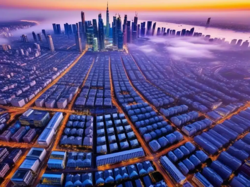 Cityscape vibrante: oportunidades en mercados emergentes Vista aérea fascinante de ciudad en mercados emergentes, combina rascacielos modernos y arquitectura tradicional al atardecer