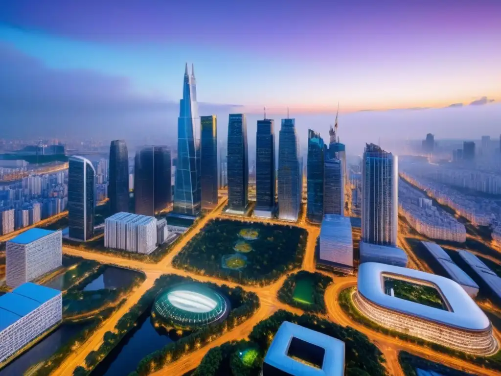 Cityscape futurista al anochecer: armonía entre urbanización y coworking Vista aérea fascinante de una ciudad vibrante al anochecer, con rascacielos modernos y espacios de trabajo iluminados
