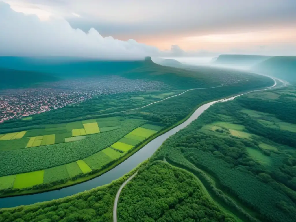 Contraste fronterizo: Metrópolis y Naturaleza en Armonía Vista aérea de la frontera entre dos países, con metrópolis y naturaleza