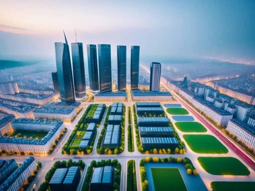 Metrópolis futurista en Europa del Este: tecnología inmobiliaria digital Vista aérea futurista de una ciudad en Europa del Este con edificios altos y pantallas digitales mostrando datos inmobiliarios