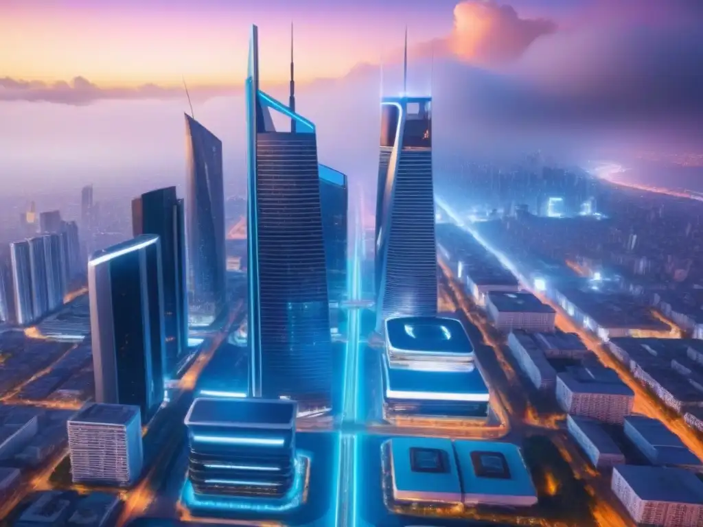 Metrópolis futurista: luces de neon y arquitectura innovadora Vista aérea futurista de una ciudad con rascacielos, diseño innovador y calles llenas de vehículos autónomos