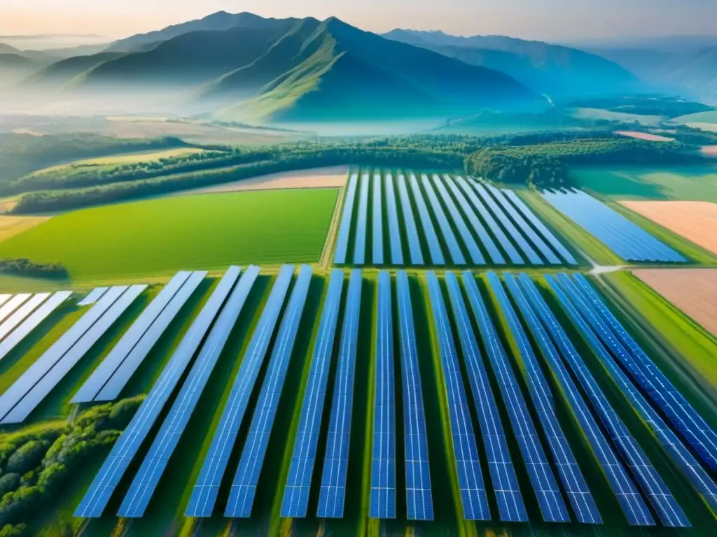 Granja solar brillante en paisaje diverso Vista aérea de una granja solar con paneles relucientes en un paisaje diverso, bajo un cielo azul