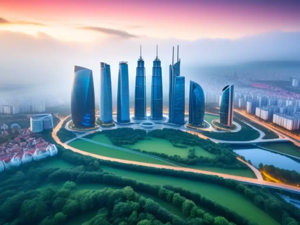 Horizonte futurista en Europa del Este: progreso y tecnología Vista aérea de un horizonte futurista en Europa del Este con rascacielos innovadores rodeados de espacios verdes