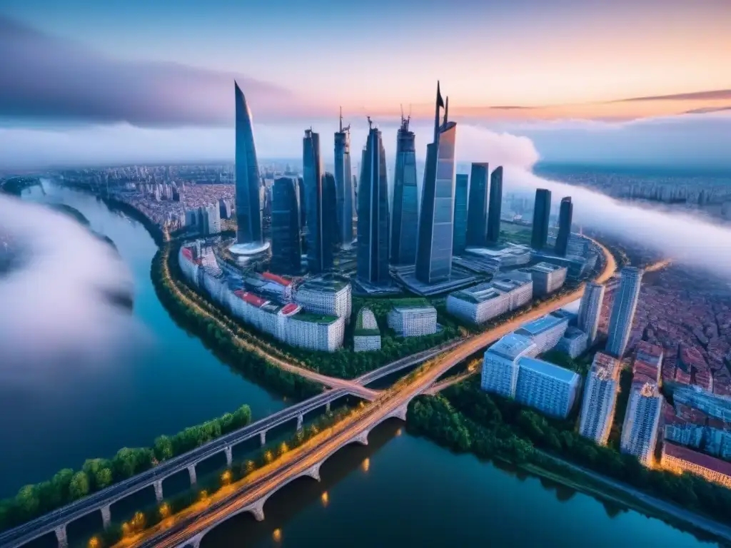 Horizonte futurista: metrópolis en Europa del Este Vista aérea de un horizonte futurista en Europa del Este, con rascacielos y ríos, ideal para inversión inmobiliaria Europa del Este