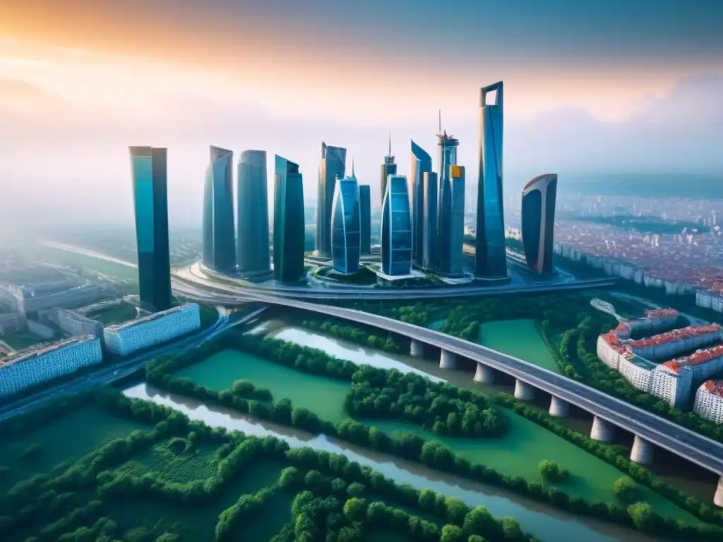 Skyline futurista en Europa del Este: inversión innovadora y natural Vista aérea de un horizonte futurista en Europa del Este, con rascacielos innovadores y parques verdes, ideal para inversiones inmobiliarias