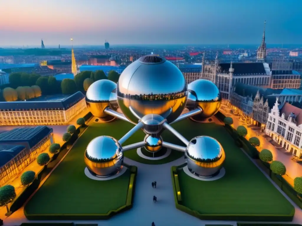 Atomium de Bruselas: atardecer dorado desde el cielo Vista aérea del icónico Atomium en Bruselas al atardecer