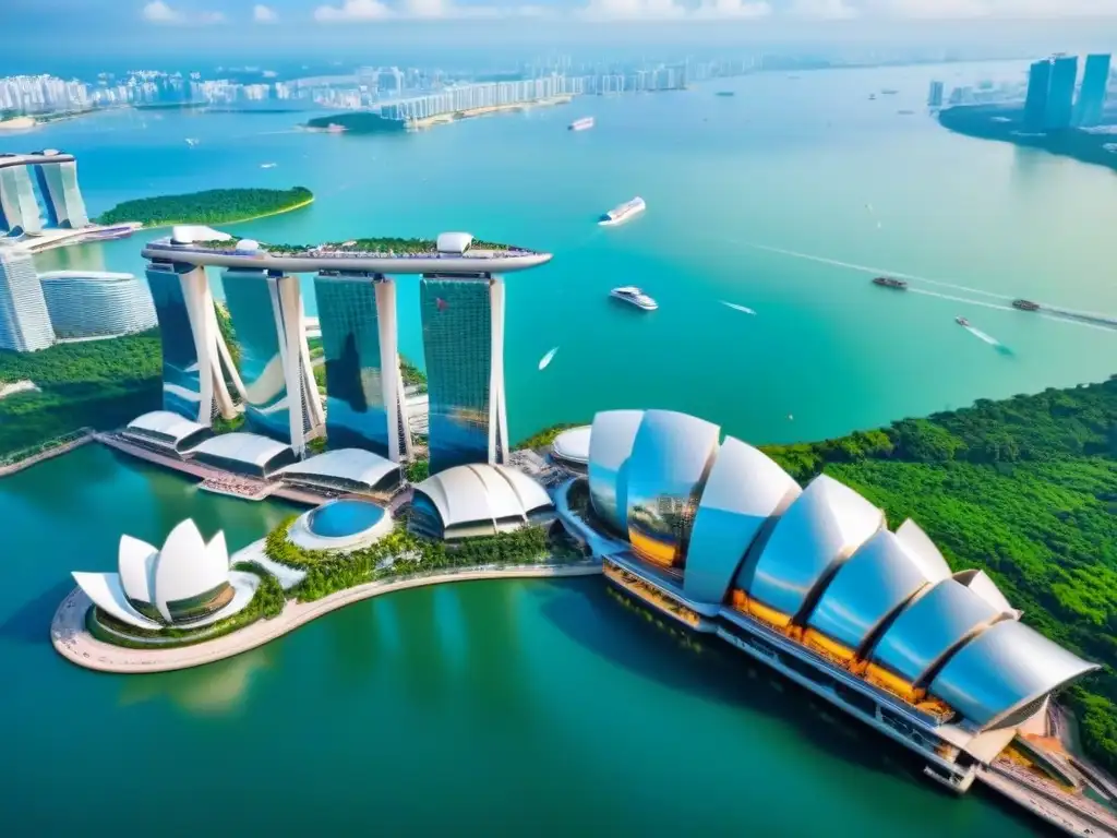 Marina Bay Sands: Ícono de lujo en Singapur Vista aérea del icónico hotel Marina Bay Sands en Singapur, con su arquitectura futurista y la bulliciosa vida urbana