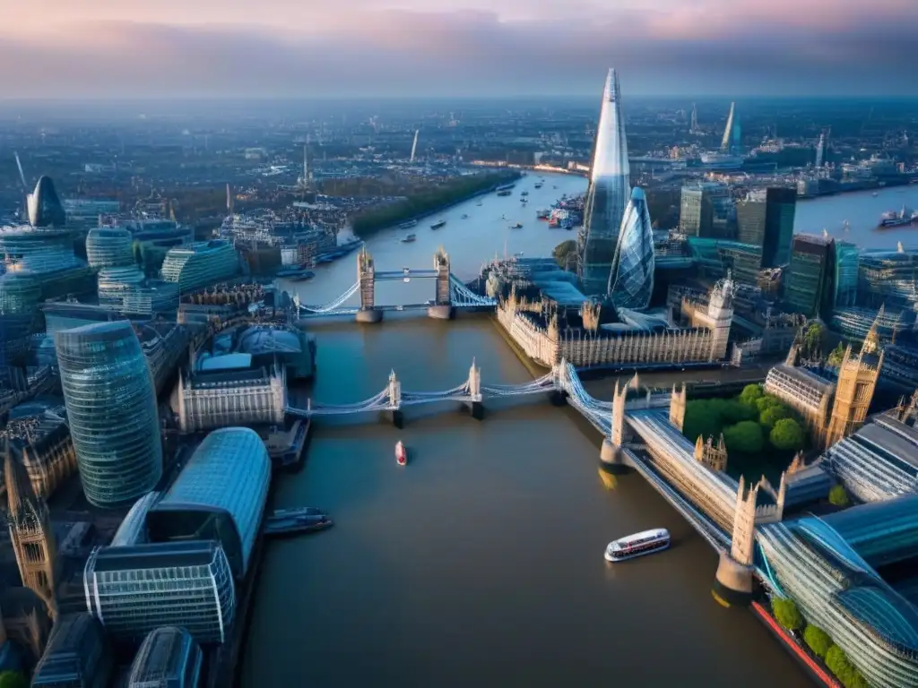 Panorámica impactante: Londres histórico y moderno, postBrexit Vista aérea de Londres con iconos como el Shard y Tower Bridge, reflejando inversiones inmobiliarias europeas post-Brexit
