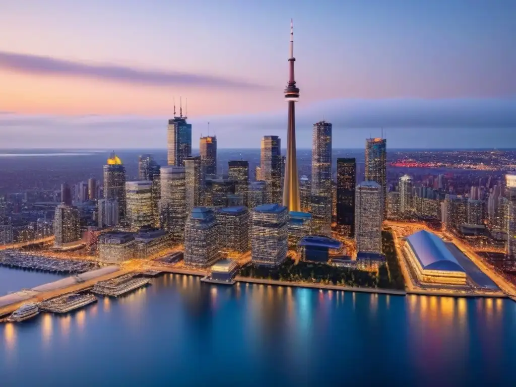 Espectacular vista aérea del skyline de Toronto al anochecer Vista aérea de Toronto al anochecer con la CN Tower iluminada y modernos rascacielos reflejando el atardecer