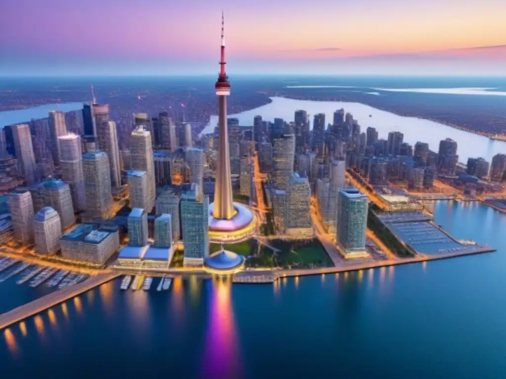 Vista aérea impresionante de Toronto al anochecer Vista aérea de Toronto al anochecer con la CN Tower iluminada y rascacielos brillantes