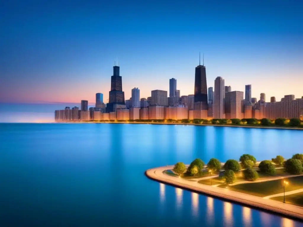 Chicago al atardecer: luces urbanas sobre el lago Vista aérea impactante de Chicago al anochecer, resaltando su arquitectura icónica y el lago Michigan