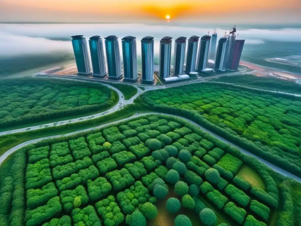 Visión aérea impactante de megaconstrucción sostenible Vista aérea impactante de megaconstrucción integrando arquitectura moderna y naturaleza, destacando inversión sostenible