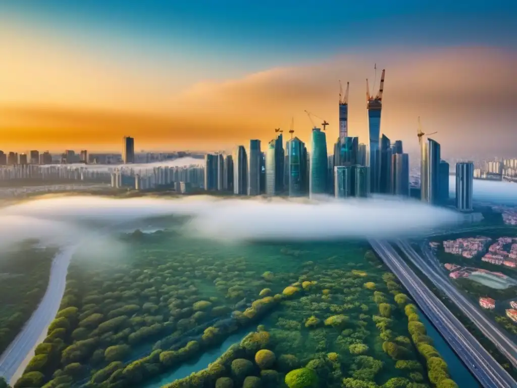 Horizonte urbano: ciudad vibrante en crecimiento y belleza Vista aérea impactante de una ciudad bulliciosa con rascacielos, parques verdes y barrios vibrantes al atardecer