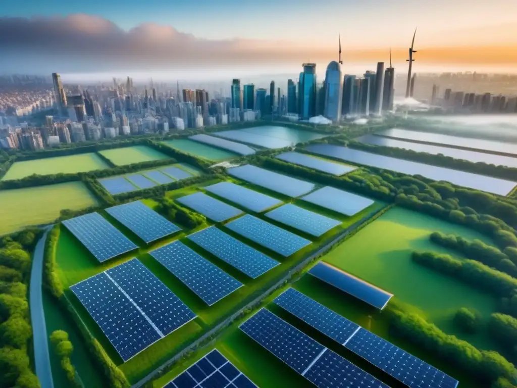 Horizonte urbano sustentable con energía renovable Vista aérea impactante: ciudad moderna con rascacielos, paneles solares, turbinas eólicas y espacios verdes en azoteas
