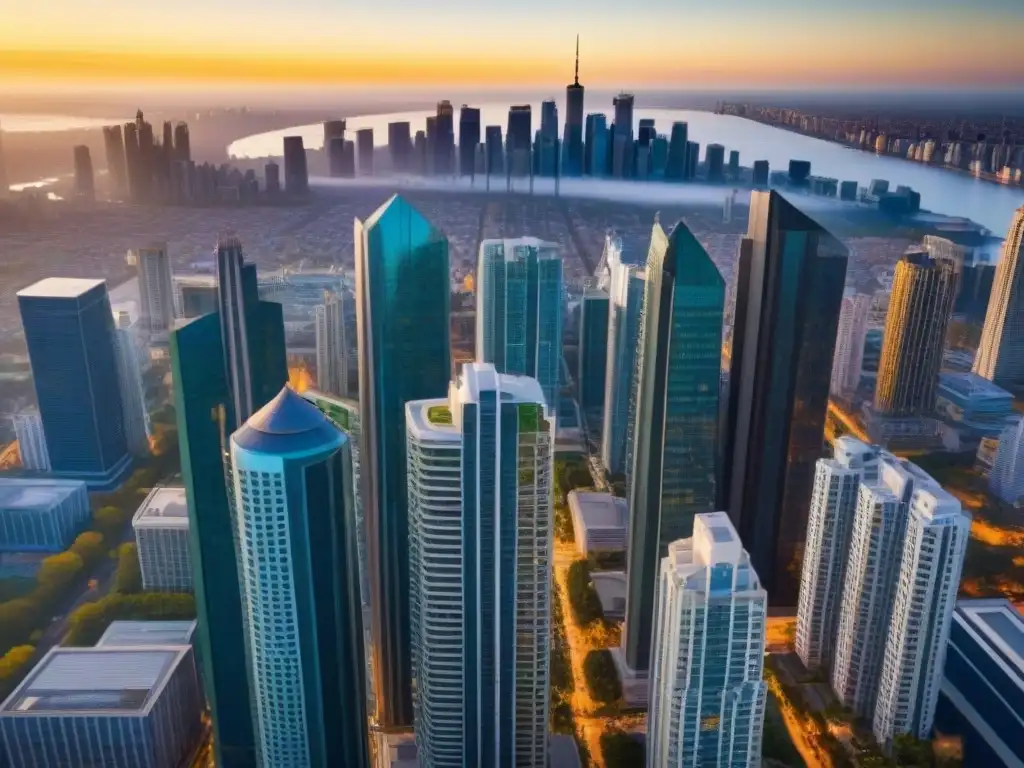 Metrópolis vibrante: el dinamismo del mercado inmobiliario global Vista aérea impactante de una ciudad bulliciosa con rascacielos modernos y diversidad arquitectónica, reflejo de estrategias anticíclicas inversiones inmobiliarias
