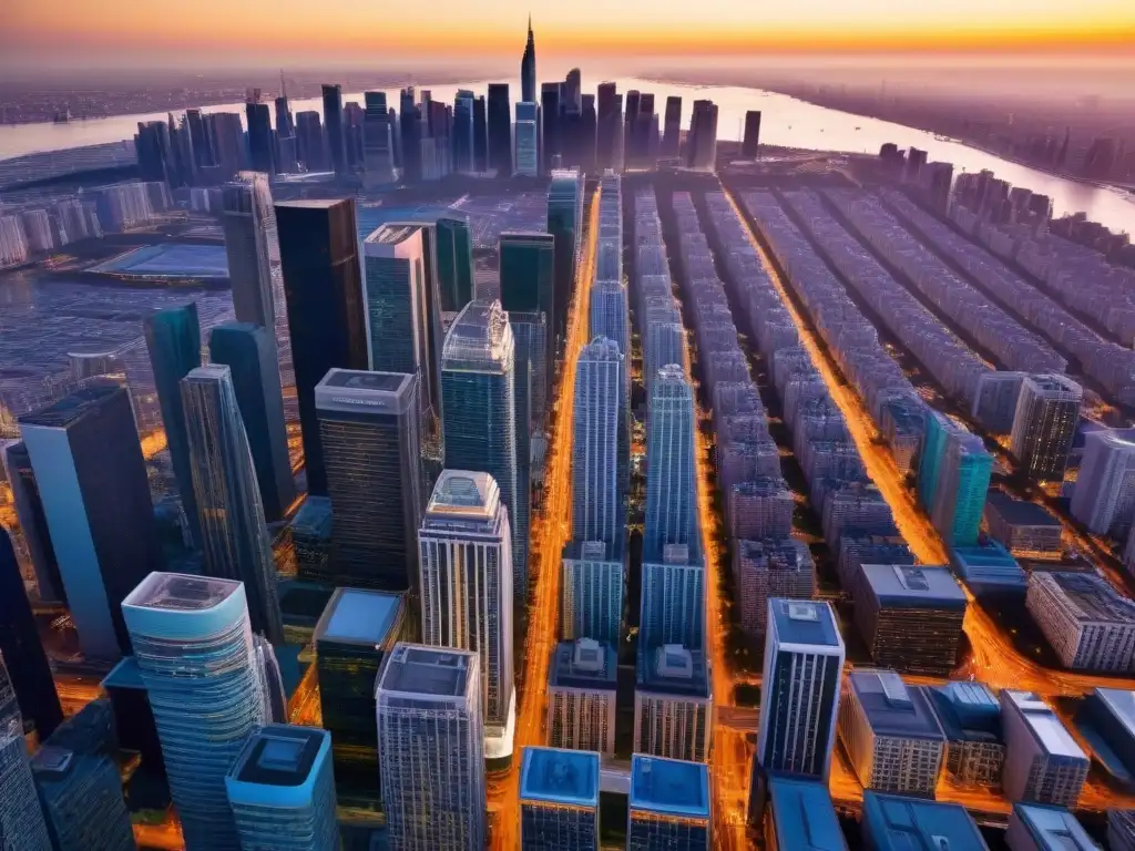 Metrópolis dorada: Oportunidades de inversión inmobiliaria global Vista aérea impactante de una ciudad bulliciosa con rascacielos imponentes y calles llenas de vida, bañada por la cálida luz del atardecer