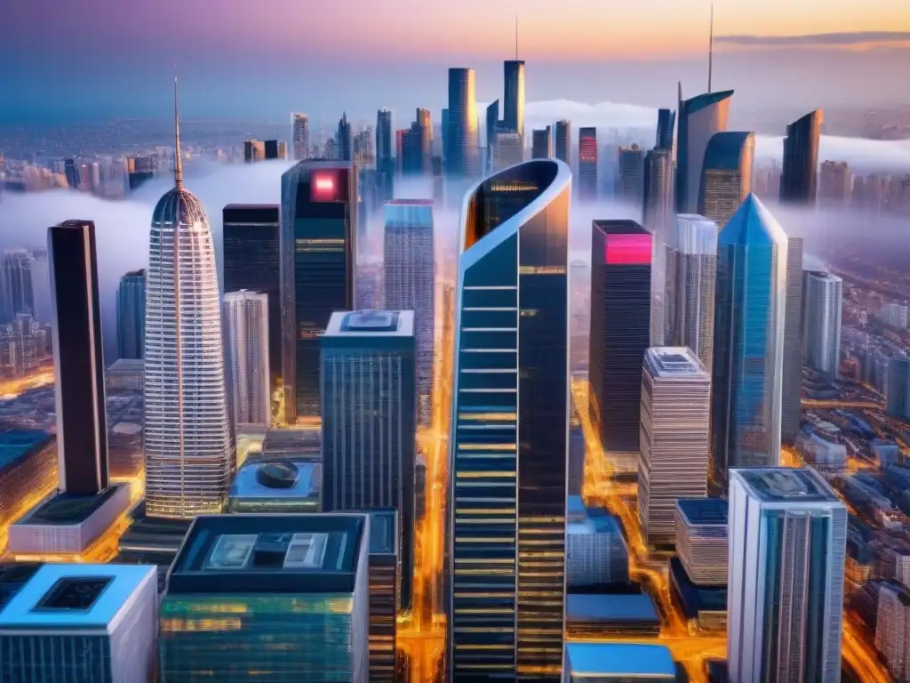 Metrópolis vibrante: el auge de fusiones inmobiliarias en un contexto internacional Vista aérea impactante de ciudad con rascacielos modernos, reflejando la dinámica de M&A inmobiliario internacional