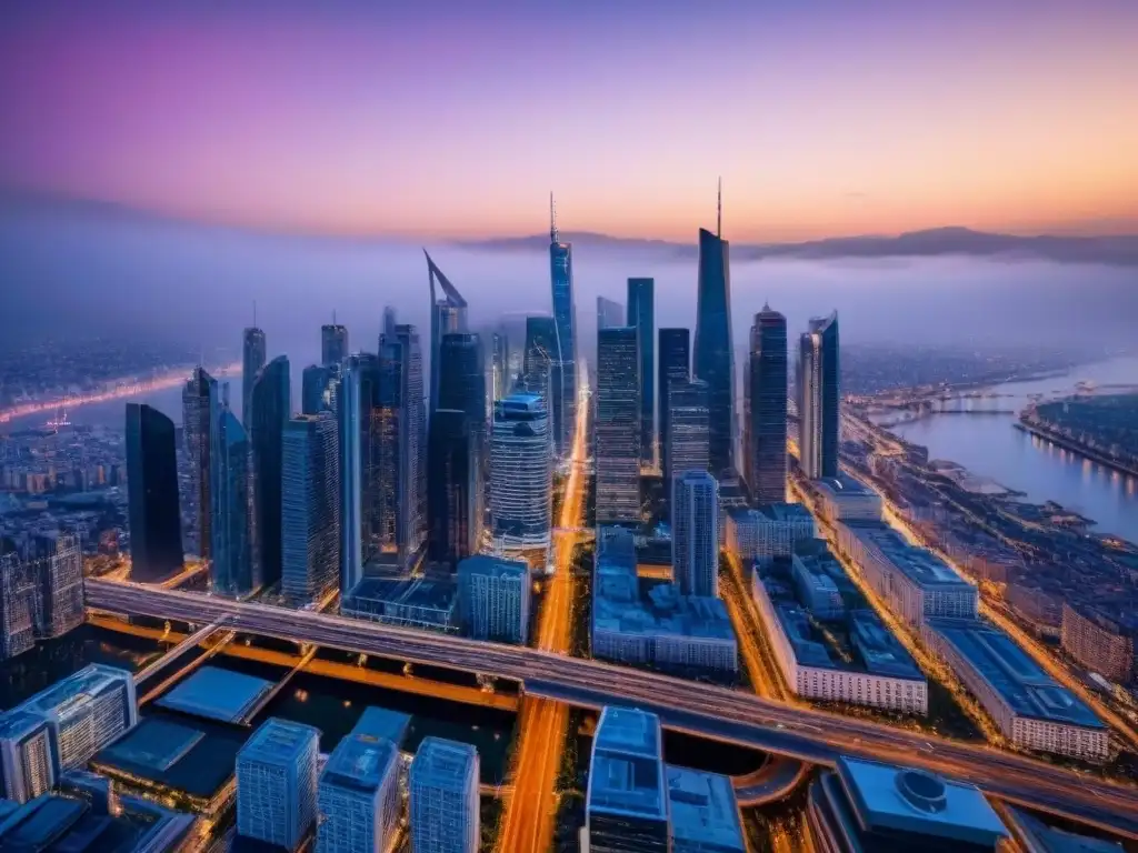 Metrópolis financiera: panorama urbano moderno con rascacielos imponentes Vista aérea impactante de una ciudad moderna con rascacielos imponentes, mostrando el paisaje urbano bullicioso y el distrito financiero