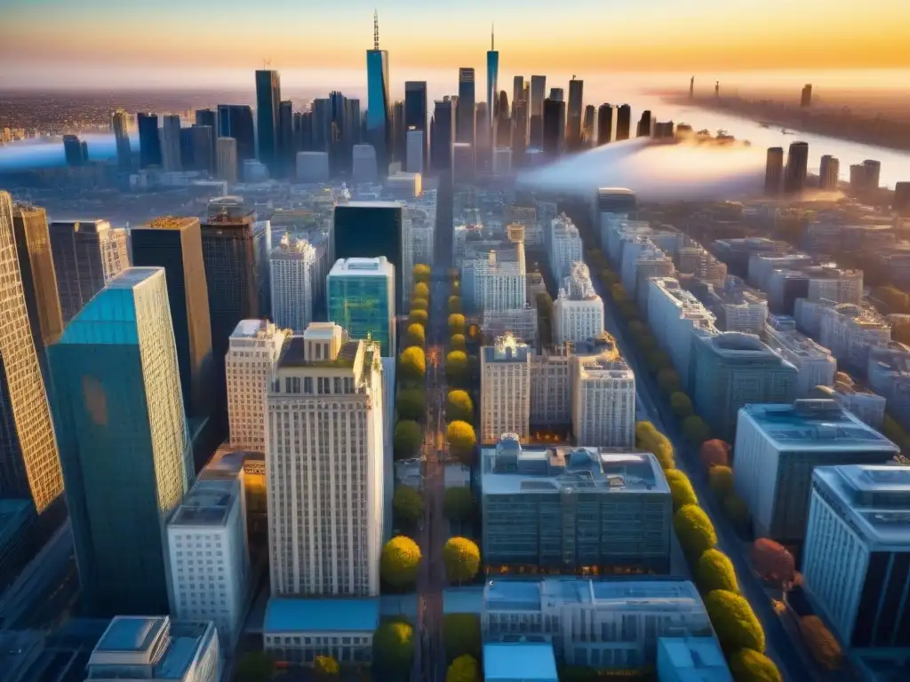 Metropolis fusionada: historia y modernidad en armonía Vista aérea impactante de una ciudad vibrante, fusionando arquitectura tradicional con rascacielos futuristas