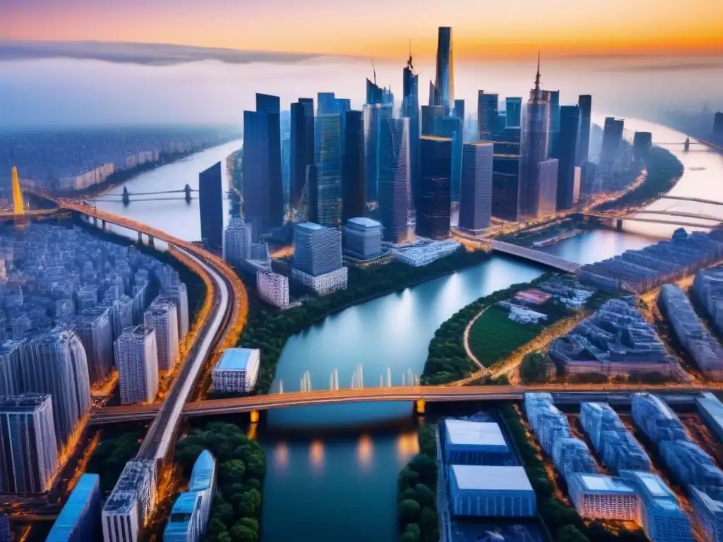 Metrópolis global: fusión arquitectura y tecnología Vista aérea impactante de una ciudad con rascacielos modernos interconectados, reflejando la fusión de arquitectura y tecnología en un metrópolis global