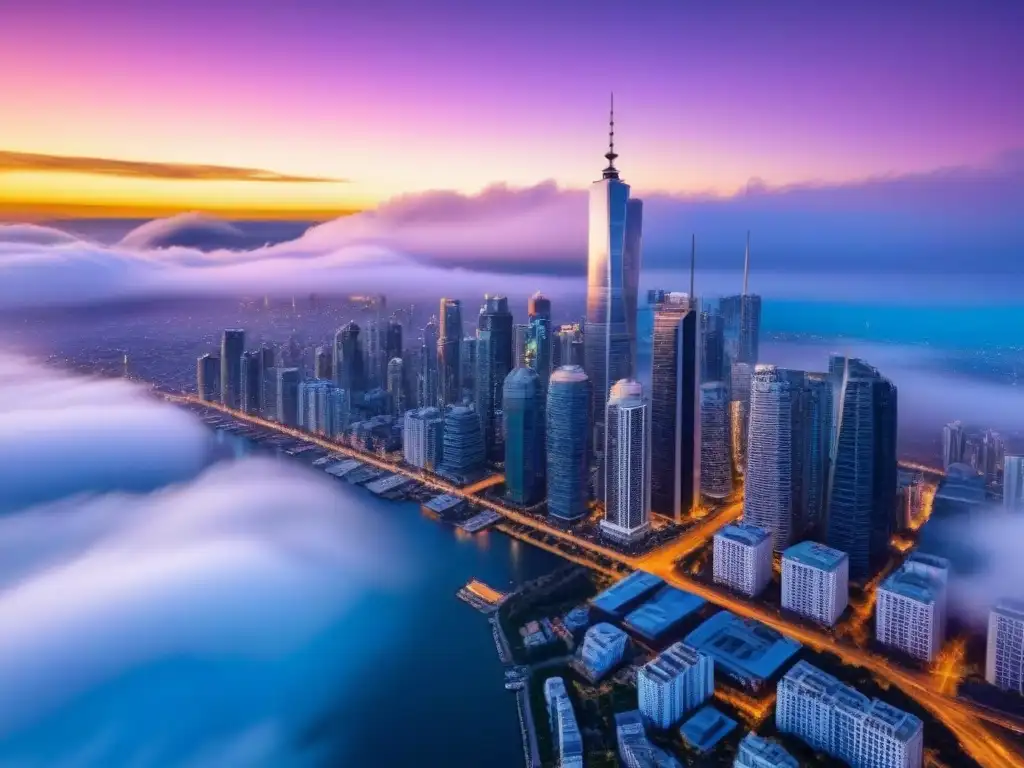 Metrópolis moderna al atardecer: luces doradas en skyline Vista aérea impactante de una ciudad vibrante con rascacielos modernos que reflejan el atardecer dorado