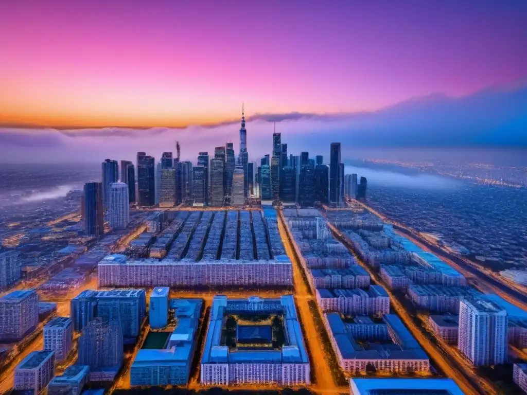 Paisaje urbano al atardecer: arquitectura moderna y luces de ciudad Vista aérea impactante de ciudad al anochecer, rascacielos iluminados en un cielo naranja y rosa
