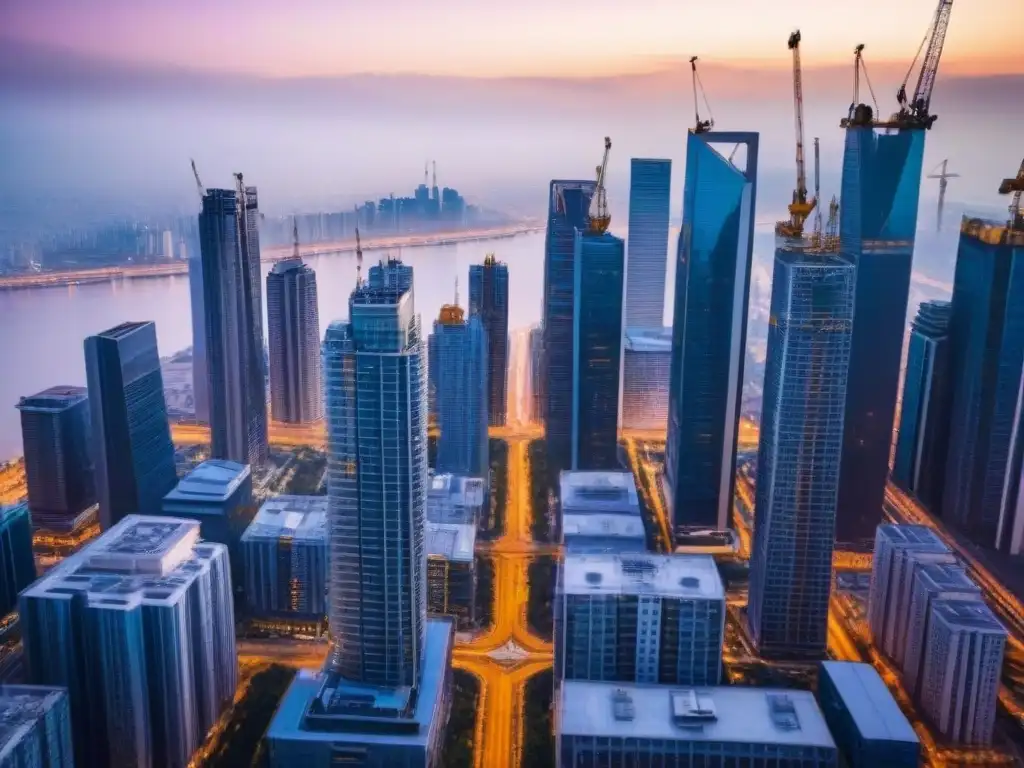 Vista aérea impactante: desarrollo inmobiliario en una ciudad globalizada Vista aérea impactante: ciudad moderna con rascacielos y obras, reflejando la globalización y calidad en la construcción inmobiliaria