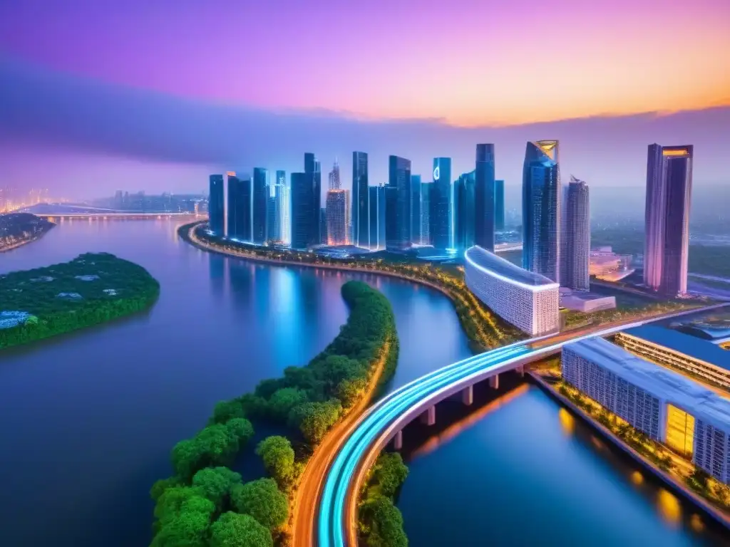 Espléndida vista aérea de ciudad futurista al anochecer Vista aérea impactante de una ciudad futurista iluminada por luces neón, reflejadas en un río, rodeada de vegetación