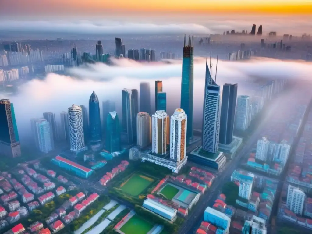 Espléndida vista aérea de ciudad en desarrollo con arquitectura contrastante Vista aérea impactante de una ciudad en crecimiento con urbanización en mercados inmobiliarios emergentes