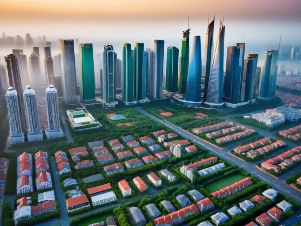Metrópolis en desarrollo: fusión arquitectónica de tradición y modernidad Vista aérea impactante de una ciudad en desarrollo, mostrando la coexistencia de estilos arquitectónicos y el crecimiento urbano