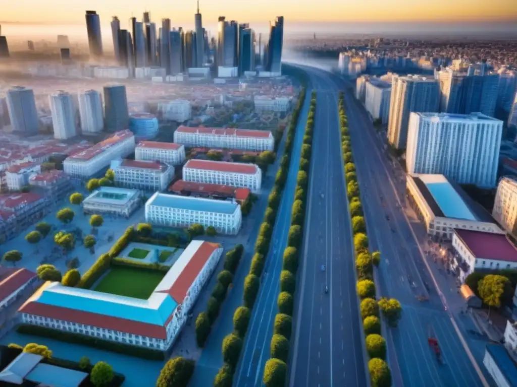 Panorama urbano: crecimiento dinámico en mercado emergente Vista aérea impactante de ciudad mercado emergente, con rascacielos modernos y edificios tradicionales