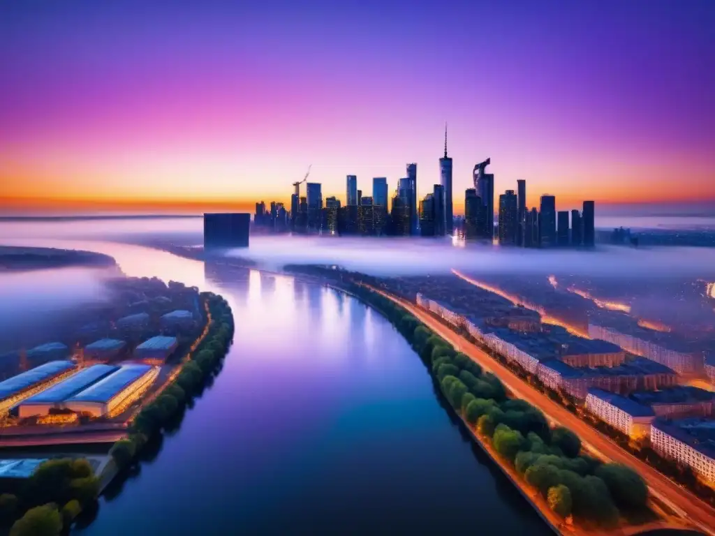 Espectacular atardecer en la ciudad: rascacielos, río y luces Vista aérea impactante de una ciudad con rascacielos, río y atardecer vibrante