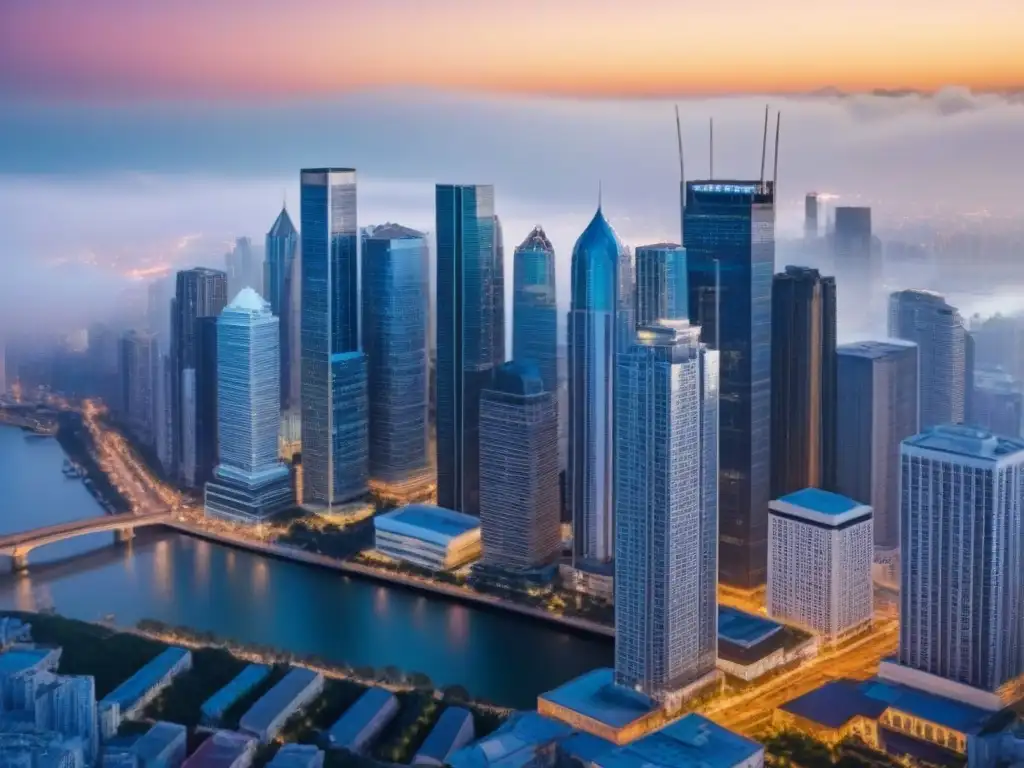 Contraste urbano: real estate resiliente entre lo antiguo y moderno Vista aérea impactante de ciudad con rascacielos y edificios históricos, reflejando el impacto de las fluctuaciones económicas en el mercado inmobiliario