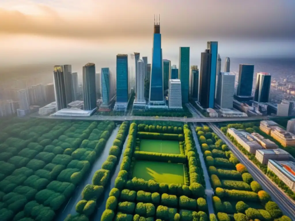 Panorámica urbana diversificada: inversión inmobiliaria Vista aérea impactante de una ciudad diversa con rascacielos modernos, edificios históricos y espacios verdes, simbolizando los beneficios de la diversificación geográfica en el mercado inmobiliario