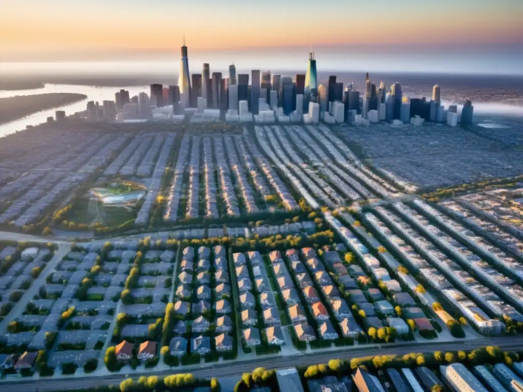 Metrópolis en expansión: vista aérea de una ciudad norteamericana vibrante Vista aérea impactante de una ciudad norteamericana, mostrando la interconexión urbana y el impacto de la migración interna en el mercado inmobiliario