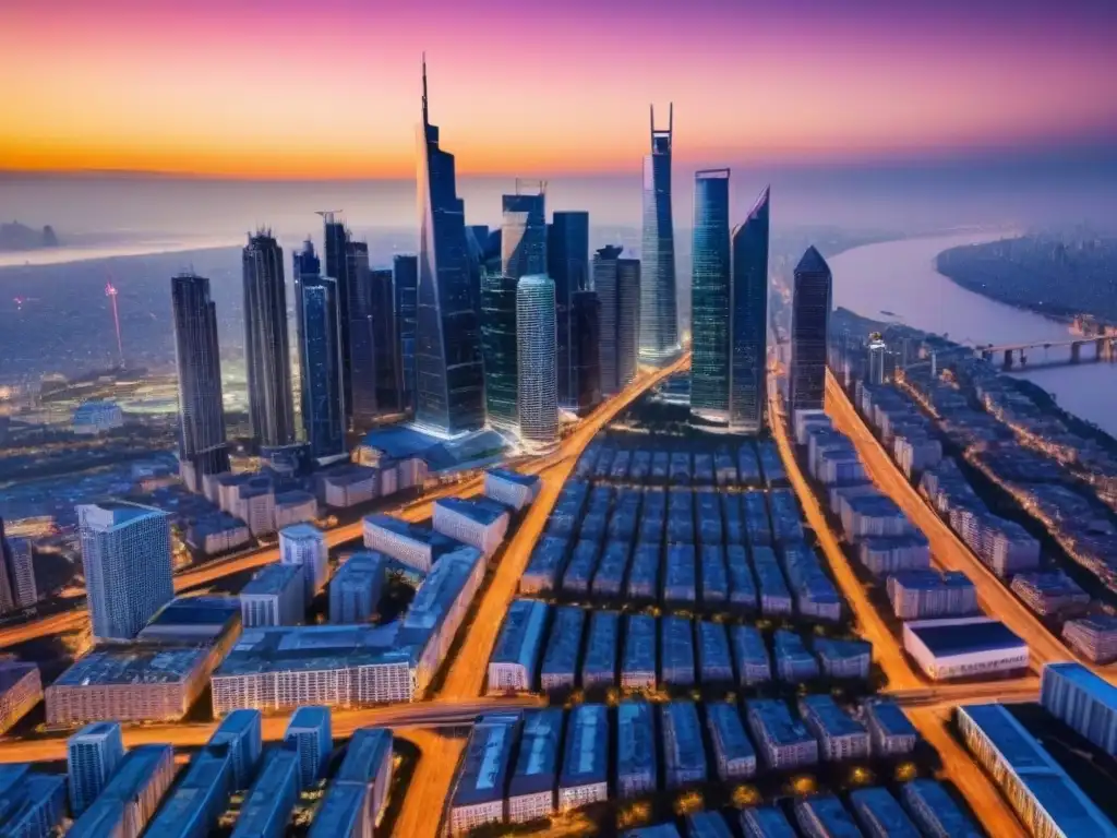 Espectacular ciudad moderna al atardecer: skyline iluminado Vista aérea impactante de una ciudad al anochecer, con rascacielos iluminados por un cálido atardecer dorado