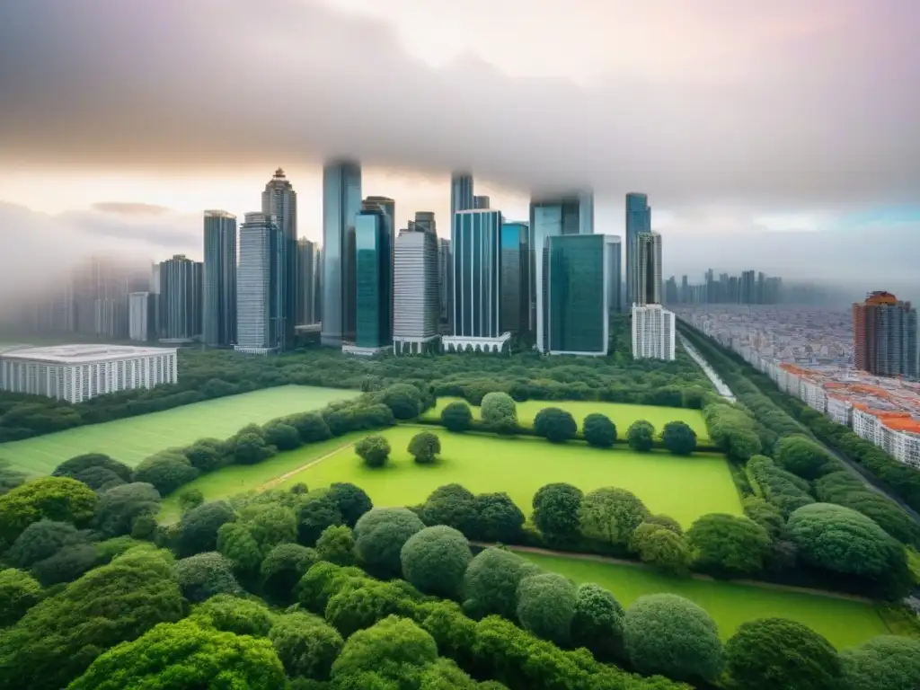 Armonía urbana: rascacielos y parques verdes en Norteamérica Vista aérea impactante de ciudad moderna con rascacielos y parques verdes, simbolizando la política ambiental y mercado inmobiliario en América del Norte