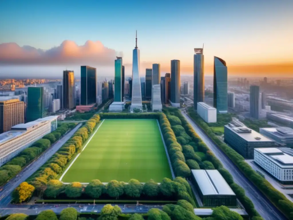 Horizonte urbano dinámico: oficinas tradicionales vs coworking innovador Vista aérea impactante de ciudad con rascacielos modernos, parques verdes y espacios coworking innovadores