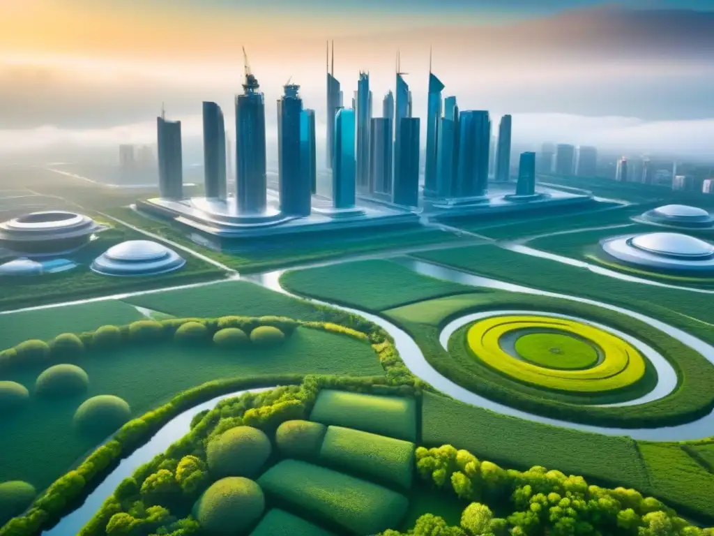 Metrópolis futurista: diseño sostenible y moderno Vista aérea impactante de una ciudad futurista con edificaciones con propósito internacional y diseño sustentable