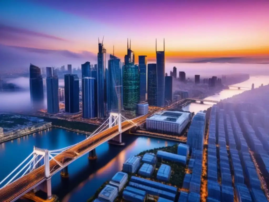 Horizonte urbano en crecimiento: modernos rascacielos al atardecer Vista aérea impactante de una ciudad bulliciosa al atardecer, con rascacielos modernos y una red urbana vibrante