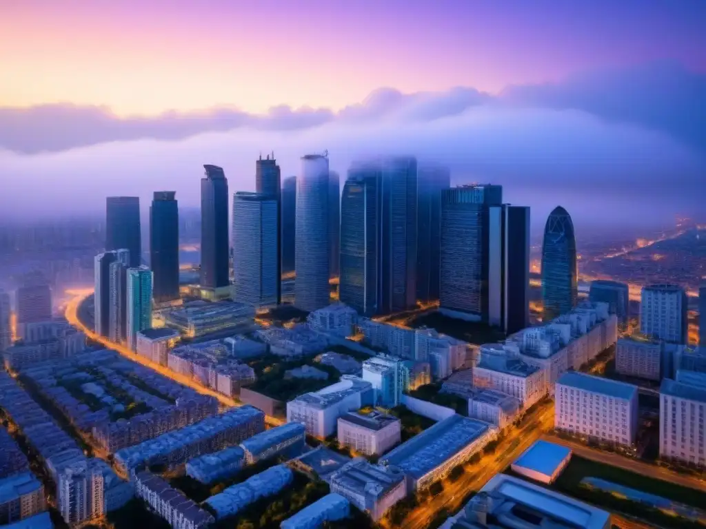 Horizonte urbano moderno al anochecer Vista aérea impactante de una ciudad moderna al anochecer, con rascacielos iluminados destacando el flujo de inversiones en normativas de construcción