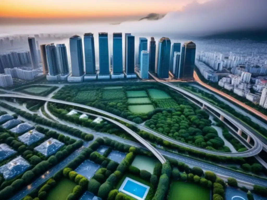 Vista aérea impactante de ciudad moderna con rascacielos y espacios verdes Vista aérea impactante de una ciudad con rascacielos modernos y edificios residenciales, mostrando la red de calles y espacios verdes
