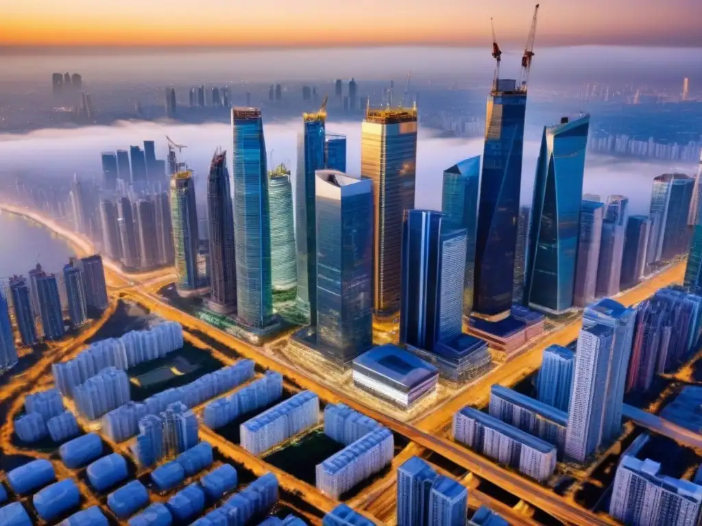 Desarrollo urbano y financiero en ciudades: impacto internacional Vista aérea impactante de una ciudad con rascacielos modernos y sitios de construcción, reflejando el paisaje dinámico de proyectos inmobiliarios internacionales entre desafíos regulatorios y oportunidades financieras